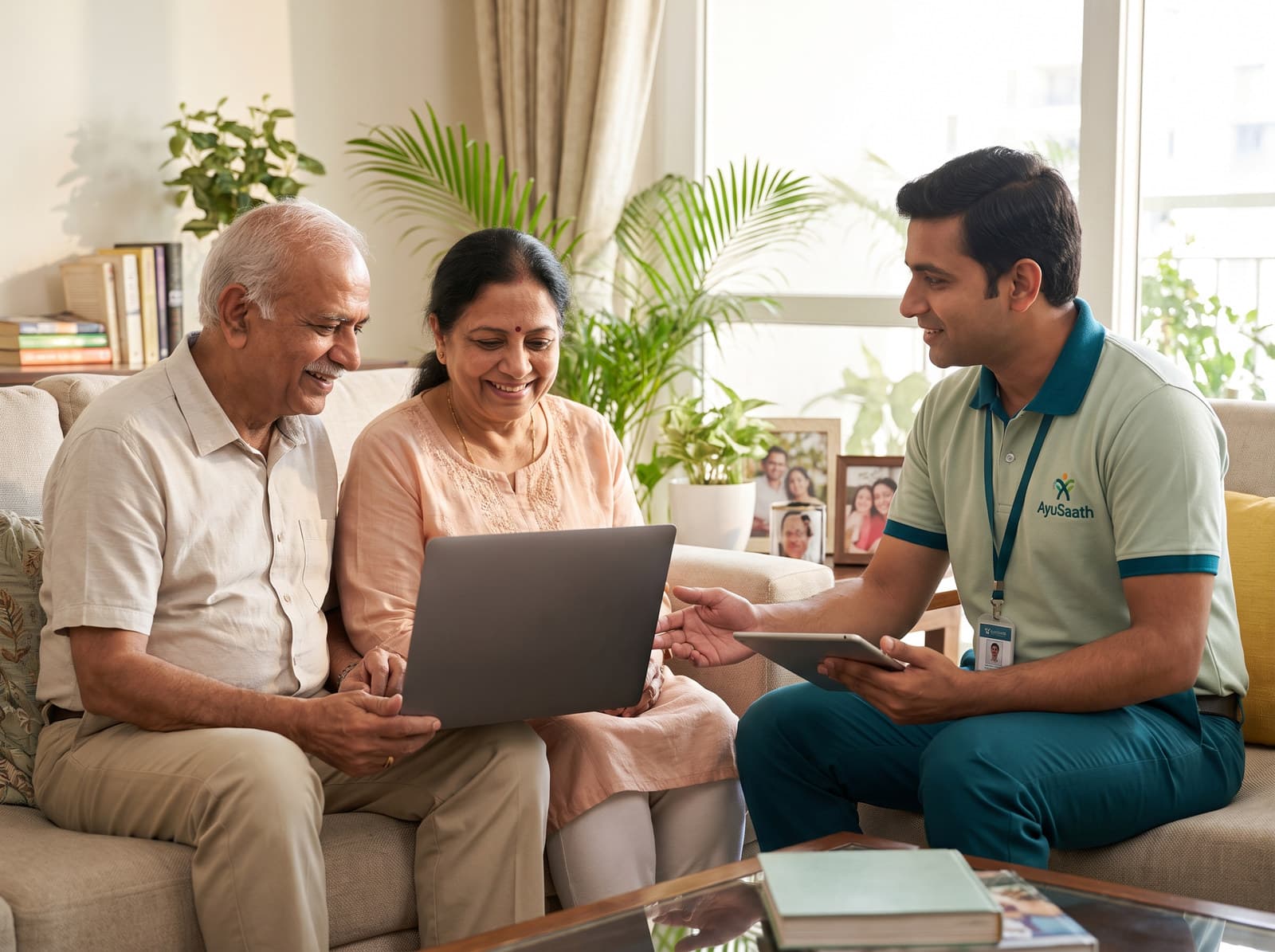 An adult daughter on a video call with her parents, coordinating their care from another city
