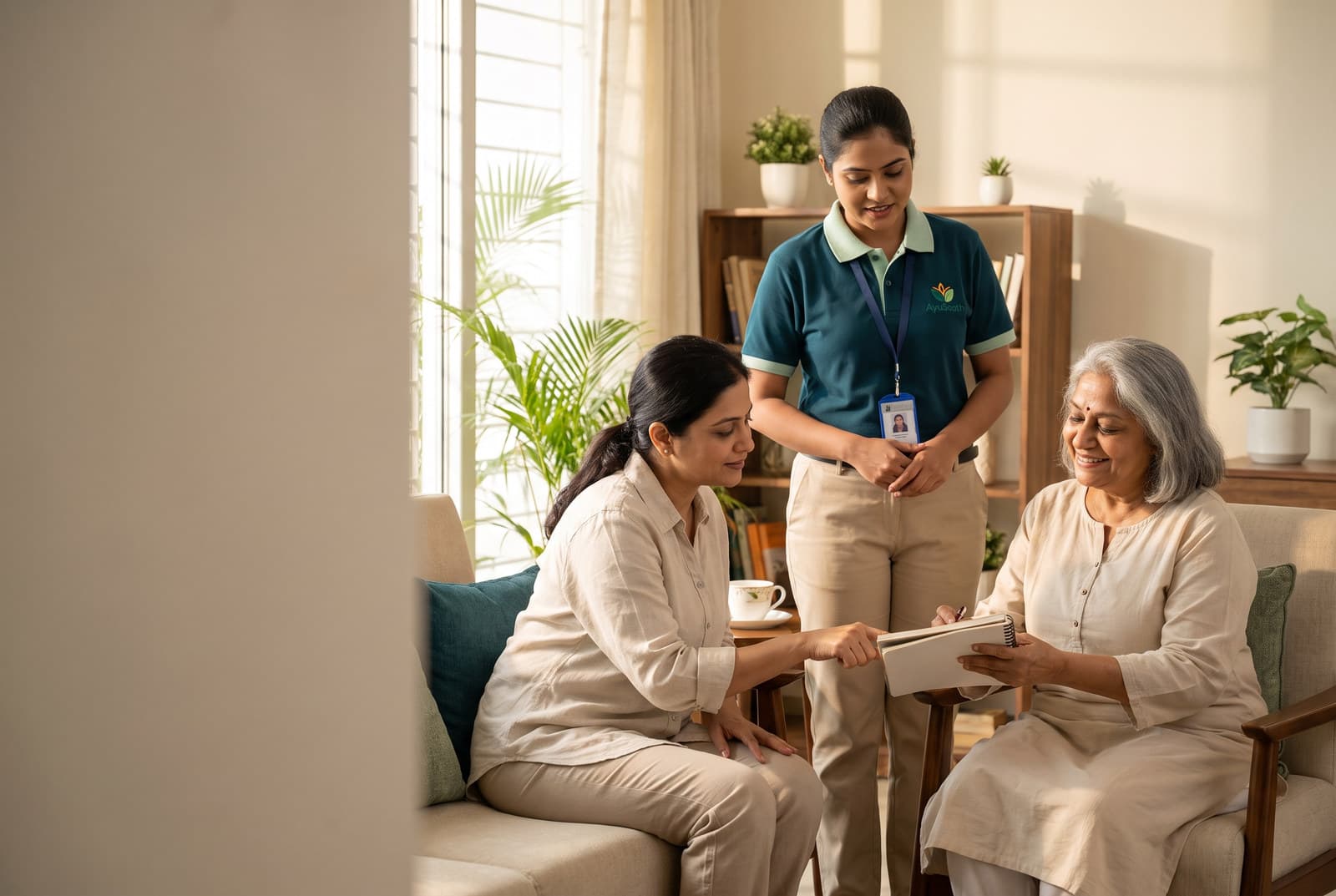 An elderly couple at home with their adult daughter and a care professional, sitting together in conversation