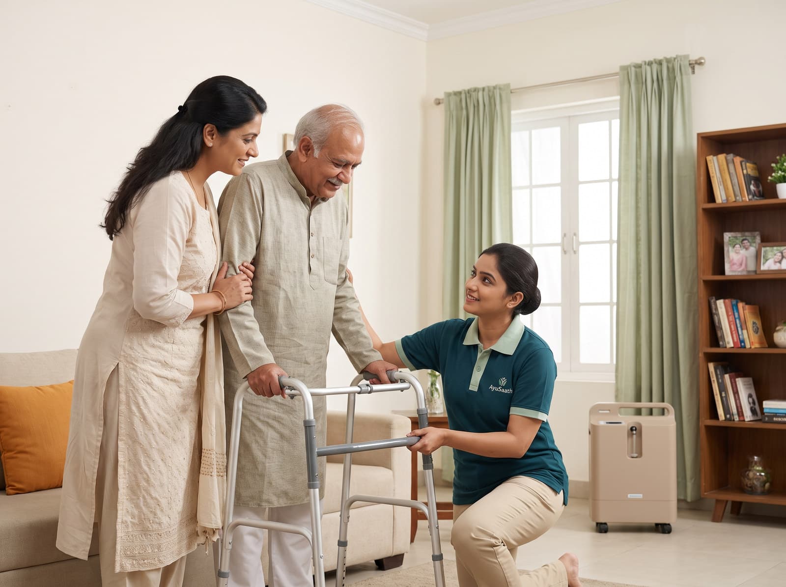 Home medical equipment including a wheelchair and mobility aids being set up