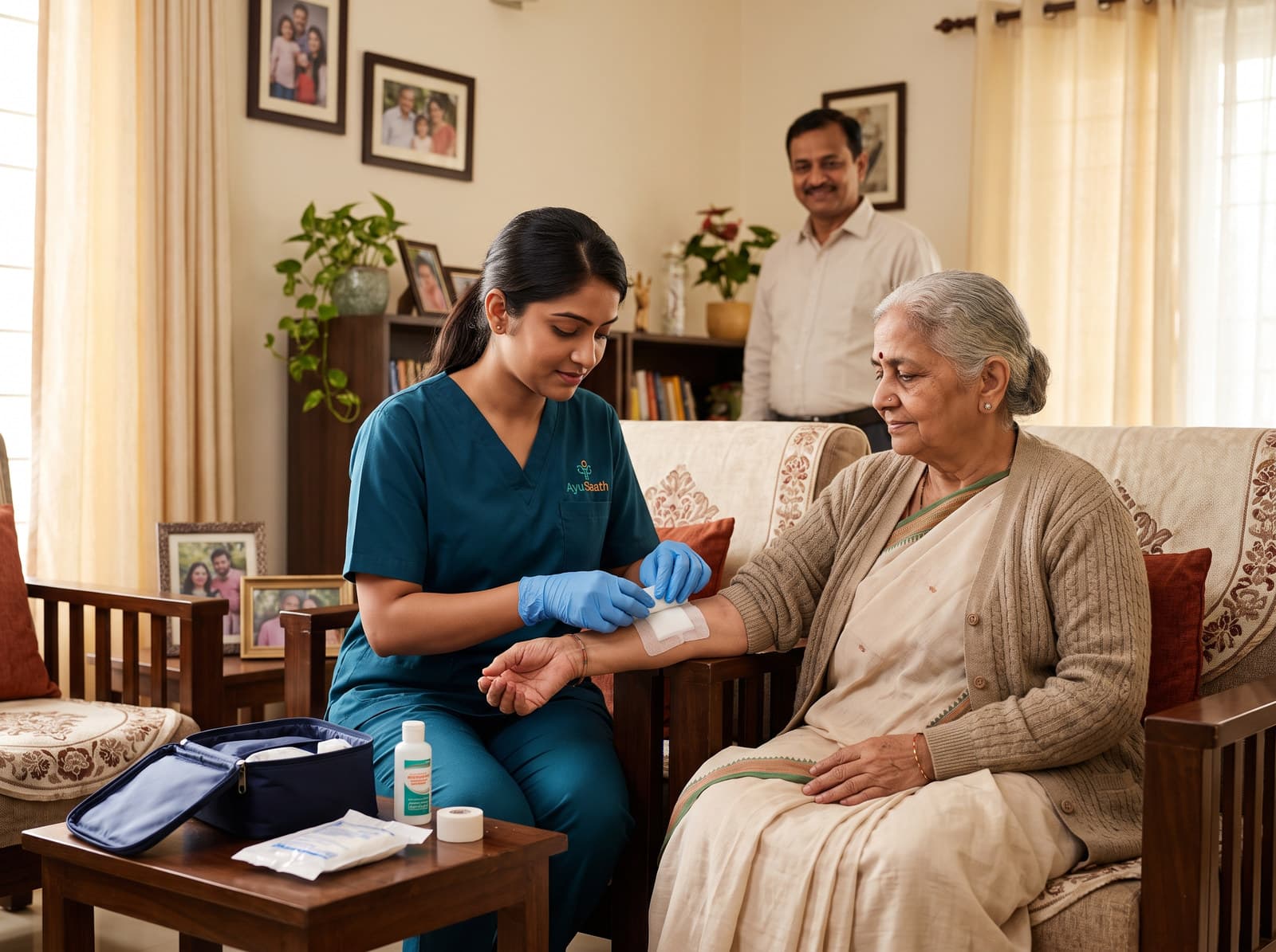 A nurse attending to an elderly patient during a home visit
