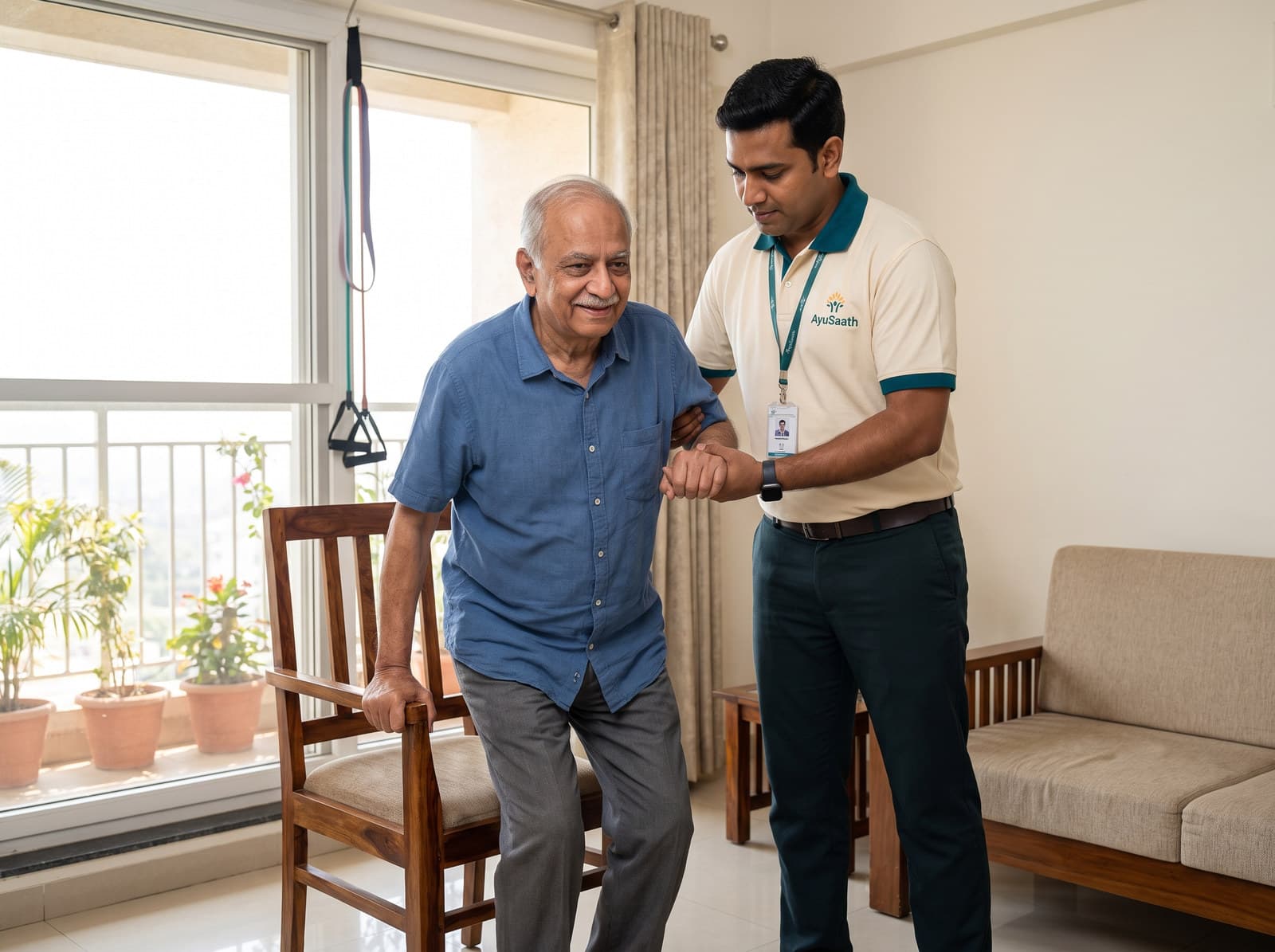 A physiotherapist supporting an elderly woman through a walking exercise at home